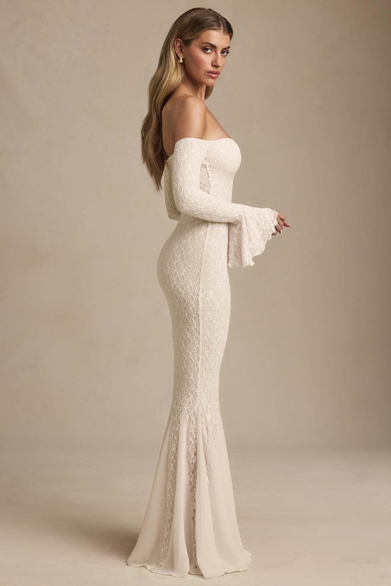Off-Shoulder Ruffle Lace Maxi Dress in Ivory Product Image