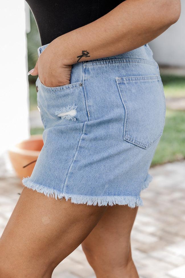 Off On The Town Button-Fly Distressed Light Wash Shorts FINAL SALE Product Image