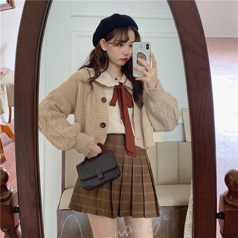 Cardigan / Tie-Neck Blouse / Plaid Pleated Skirt Product Image