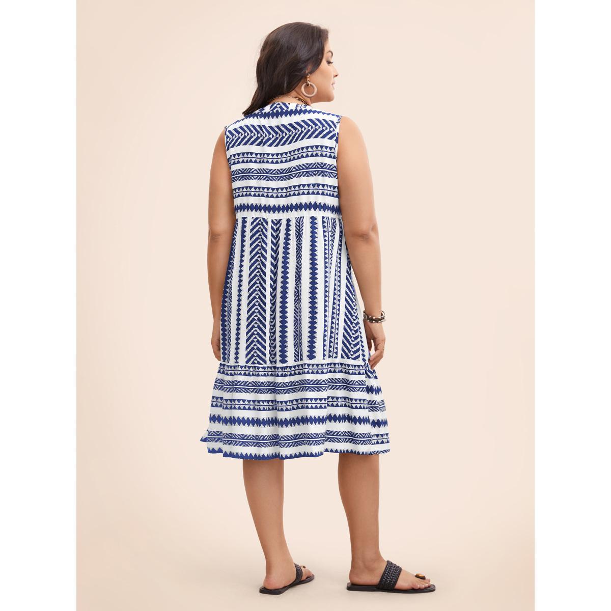 Plus Size Striped Geometric Pocket Ruffle Hem Sleeveless Tank Dress Blue Women Casual Non V-neck Sleeveless Curvy BloomChic 30/6X Product Image
