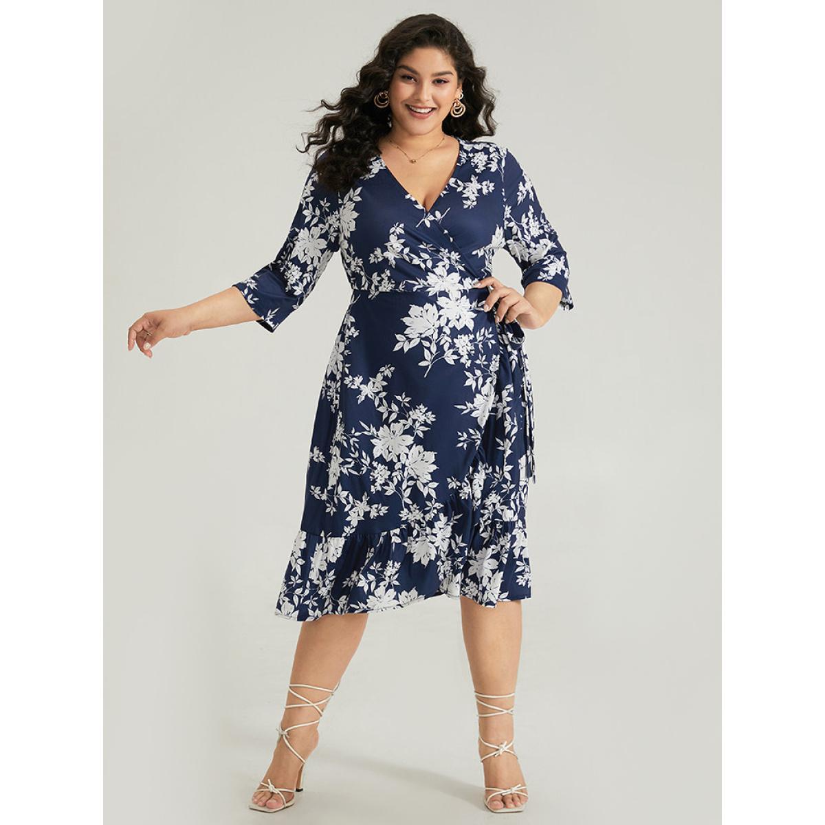 Plus Size Silhouette Floral Print Ties Wrap Dress Indigo Women Elegant Cross straps V-neck Elbow-length sleeve Curvy Midi Dress BloomChic 26/4X Product Image
