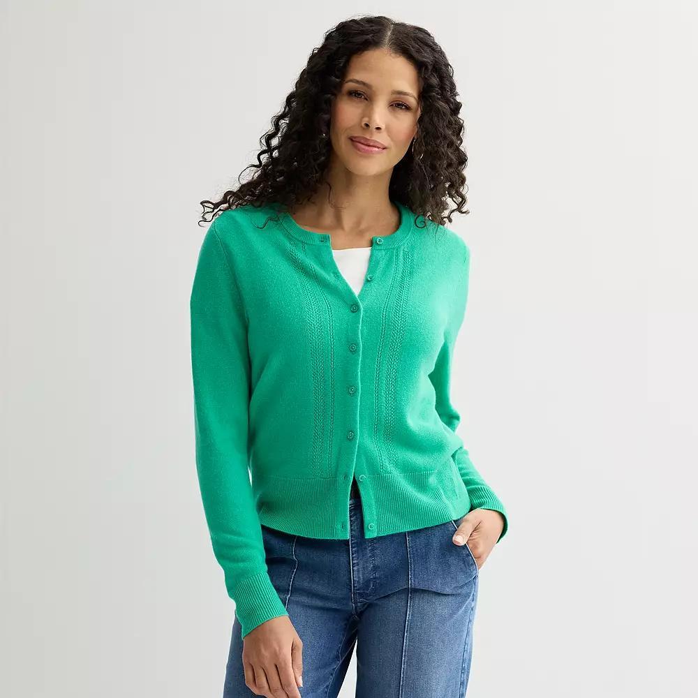 Women's Croft & Barrow® Extra Soft Classic Pointelle Cardigan, Size: XL, Greenway Product Image