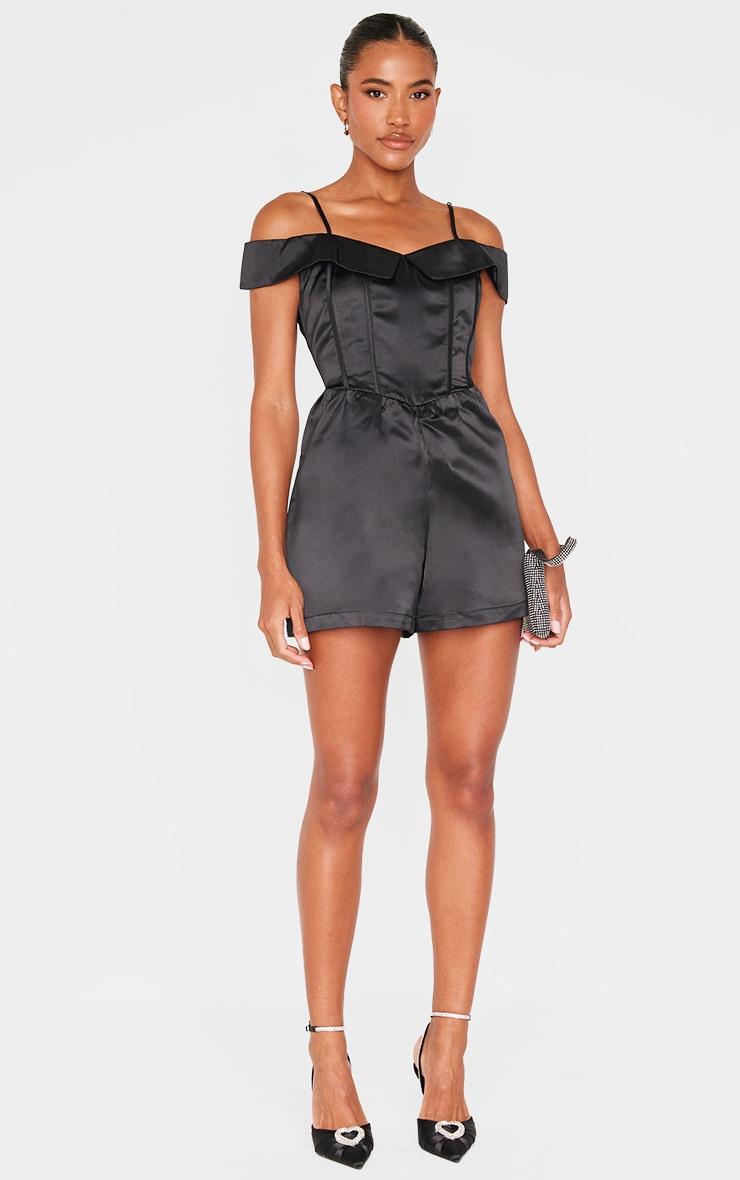 Black Structured Satin Bardot Floaty Romper Product Image