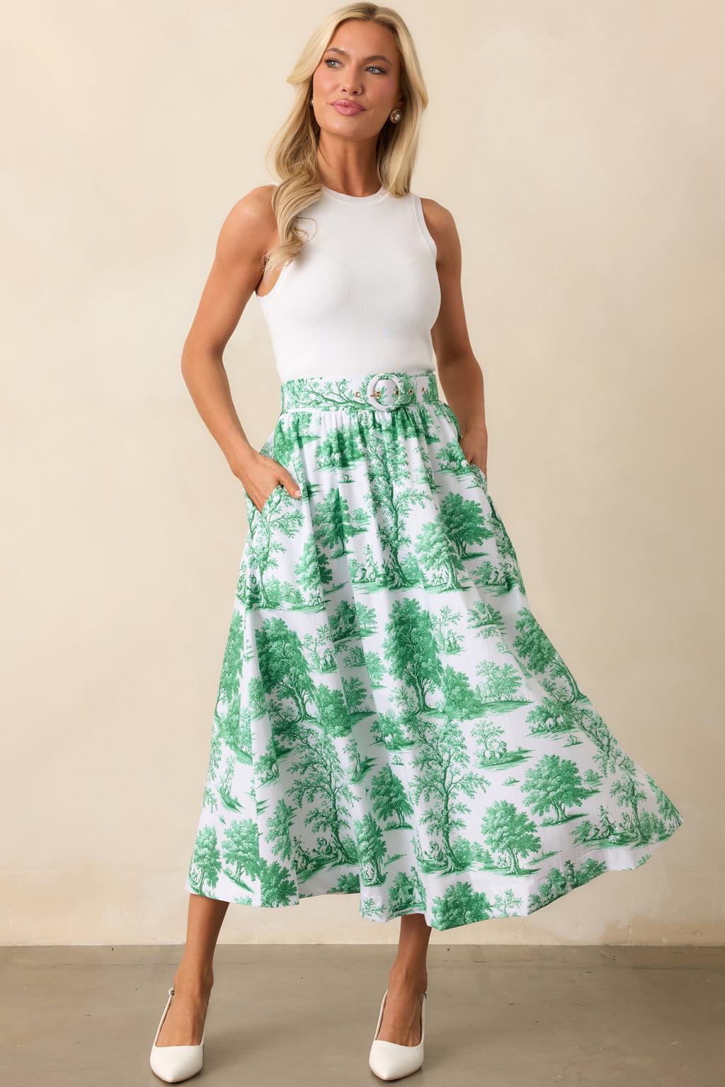 Thena Eden Green Toile Belted Midi Skirt Product Image