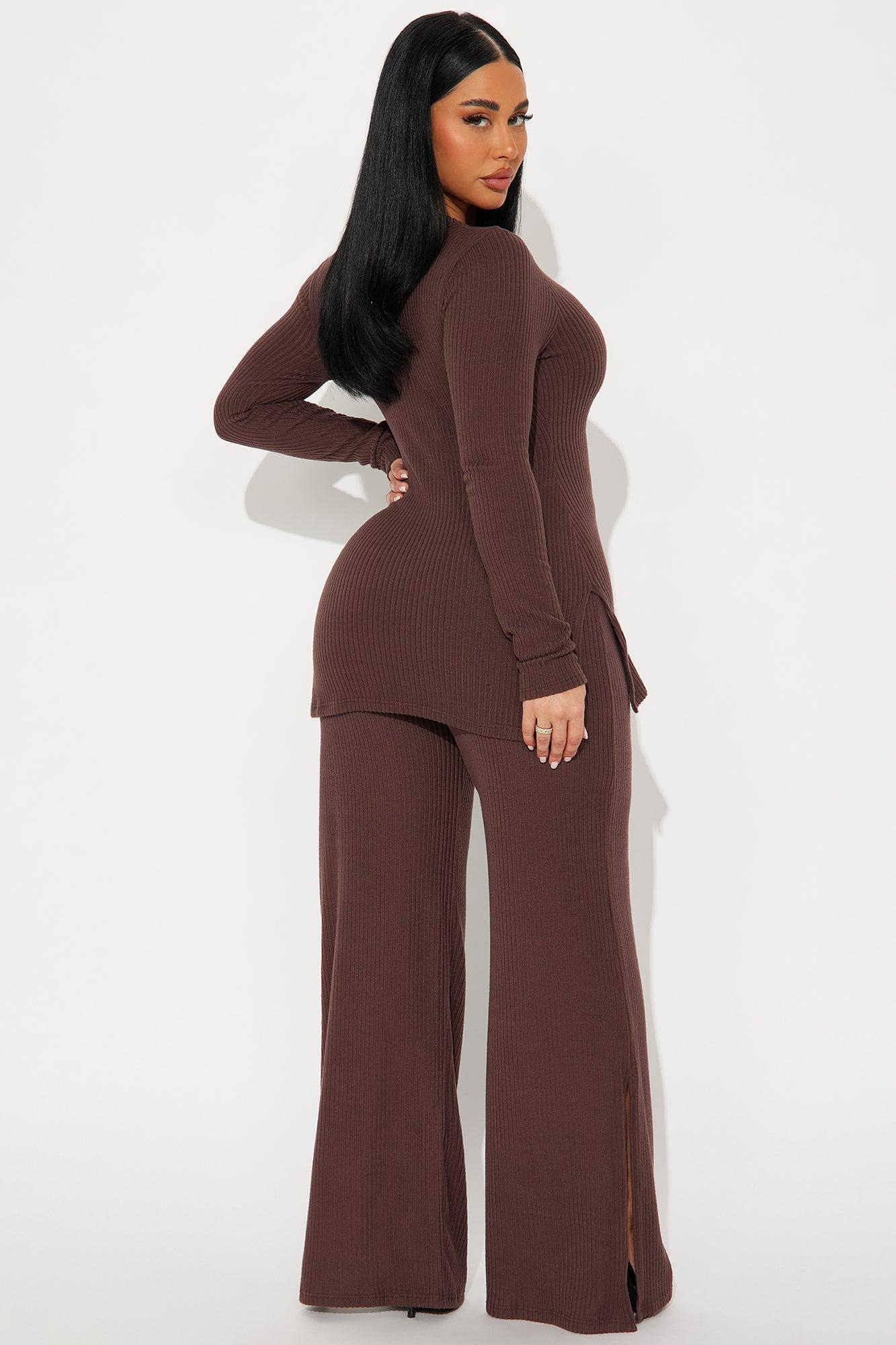 Maya Cozy Ribbed Pant Set - Brown Product Image