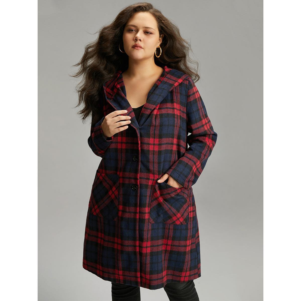 Plus Size Plaid Button Through Pocket Hooded Coat Women Indigo Casual Contrast Ladies Everyday Winter Coats BloomChic 26/4X Product Image