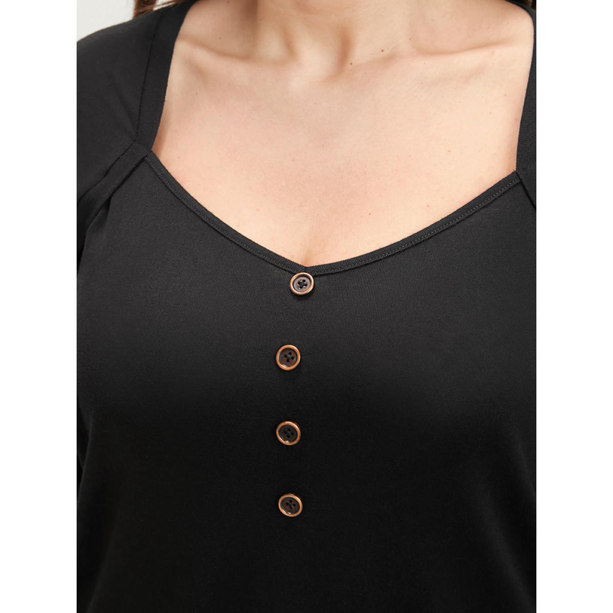 Plus Size Solid Button Detail V Neck Long Tee Black Women Elegant Button Plain V-neck Dailywear T-shirts BloomChic 26/4X Product Image