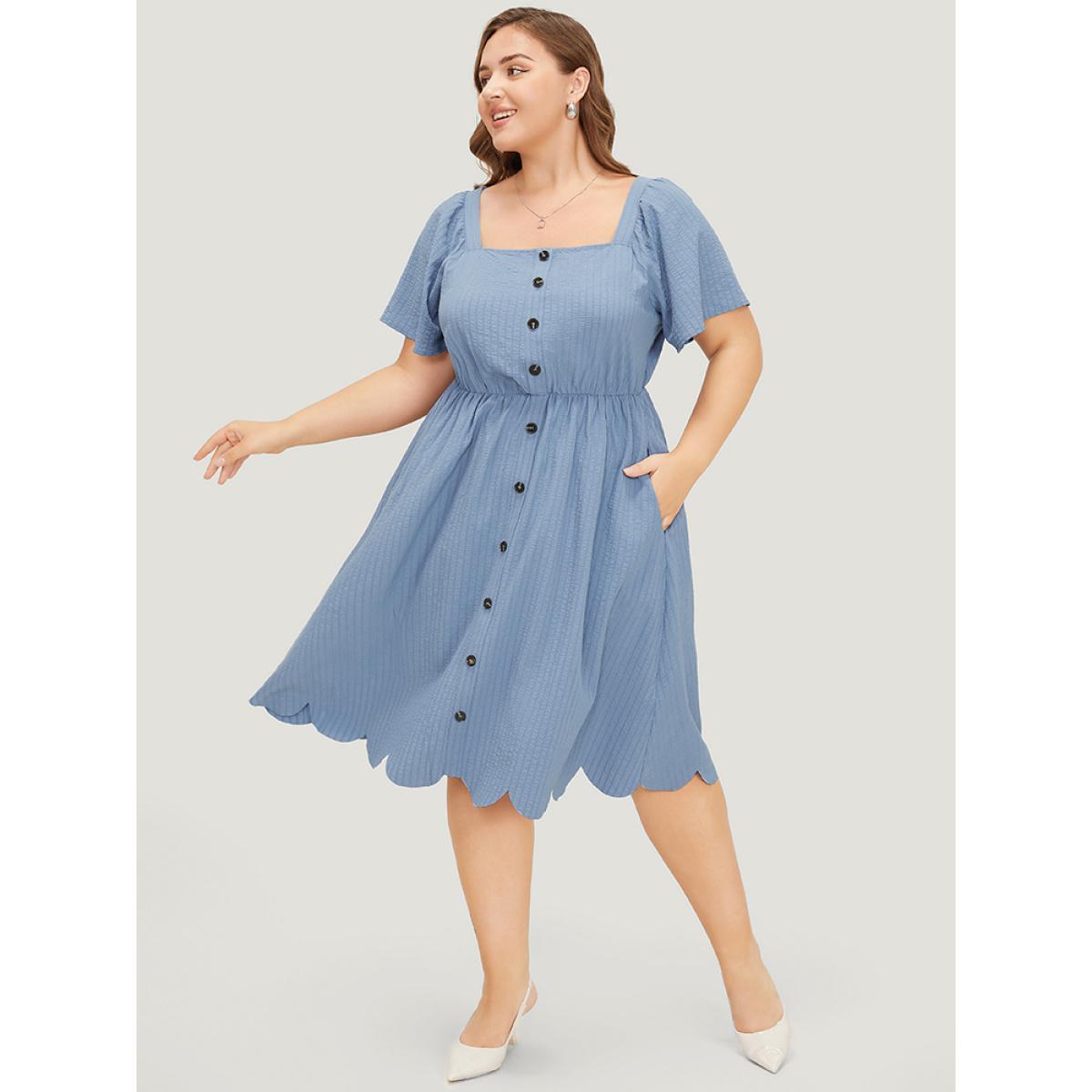 Plus Size Plain Textured Ruffle Sleeve Pocket Scalloped Trim Dress Stone Women Office Elastic Waist Square Neck Short sleeve Curvy Knee Dress BloomChic 12/L Product Image