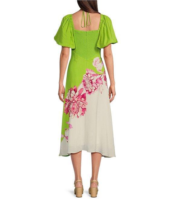 Alex Marie Monroe Floral Short Puff Sleeve Sweetheart Halter Tie Neck A-Line Midi Dress Product Image