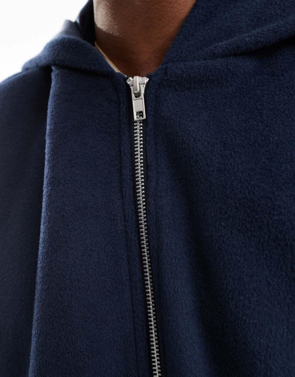 ASOS DESIGN wool look bomber jacket with hood in navy Product Image