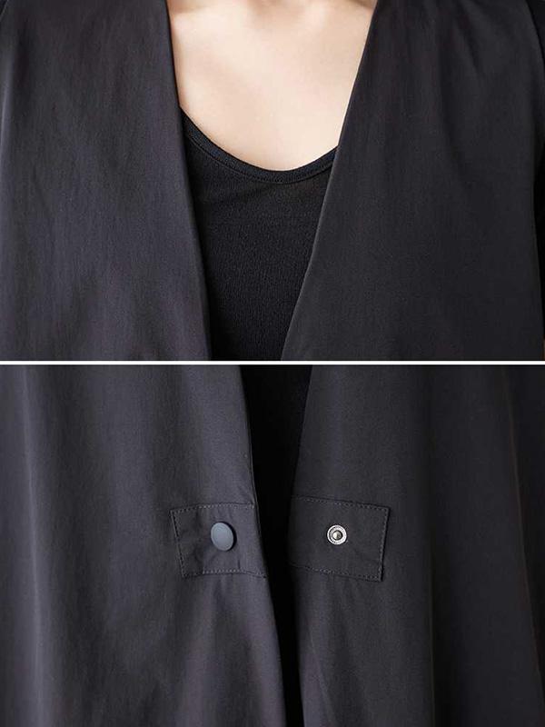 A-Line Loose Buttoned Pleated Pockets Solid Color V-Neck Midi Dresses Vest Outerwear Product Image