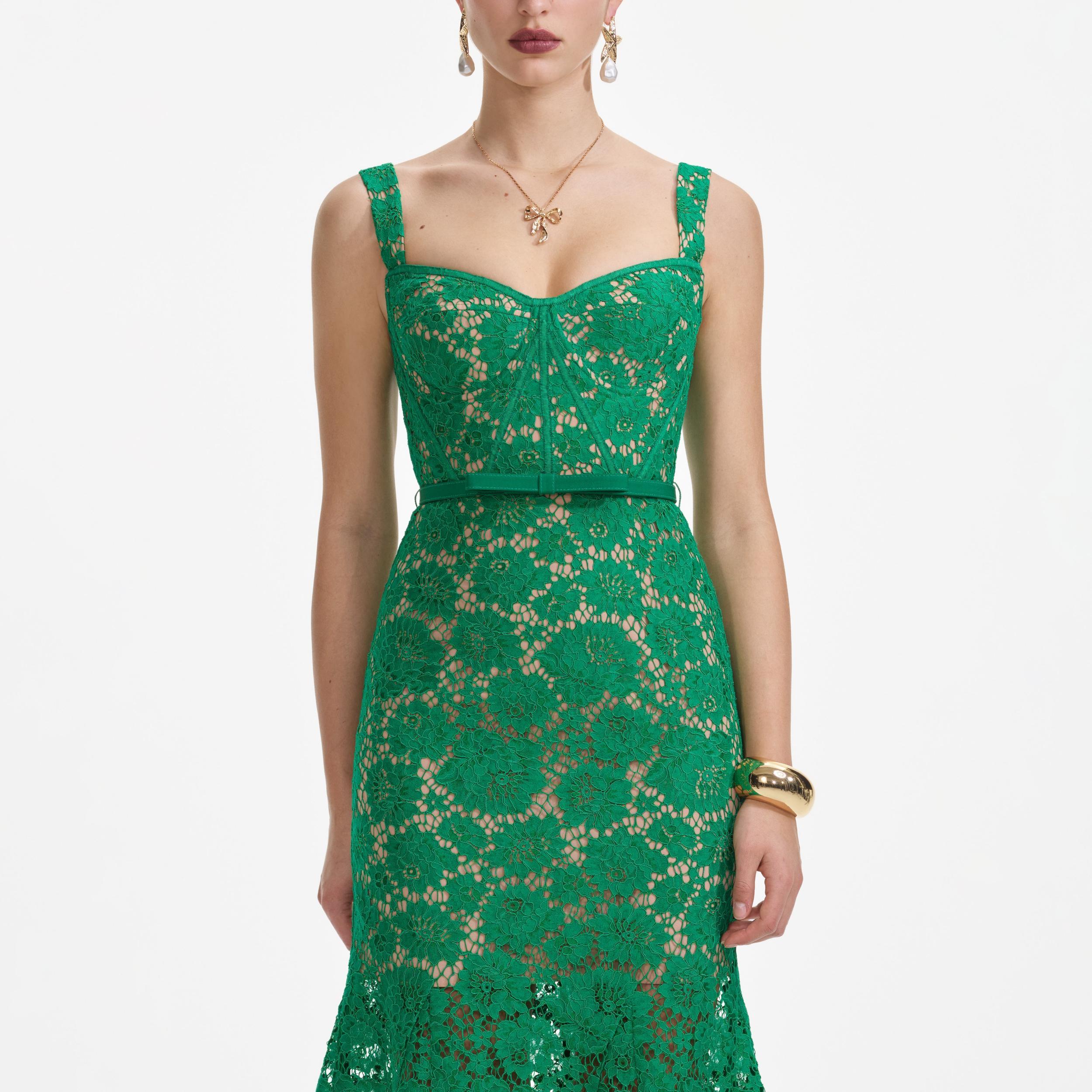Green Fine Lace Midi Dress Product Image