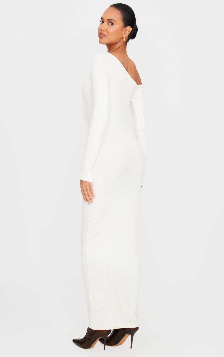 Cream Ribbed One Shoulder Long Sleeve Maxi Dress Product Image