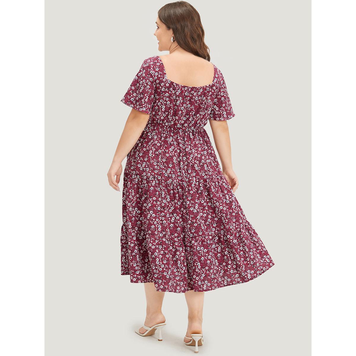 Plus Size Ditsy Floral Pocket Drawstring Ruched Flutter Sleeve Dress Scarlet Women Elegant Printed Square Neck Short sleeve Curvy Midi Dress BloomChic 26/4X Product Image