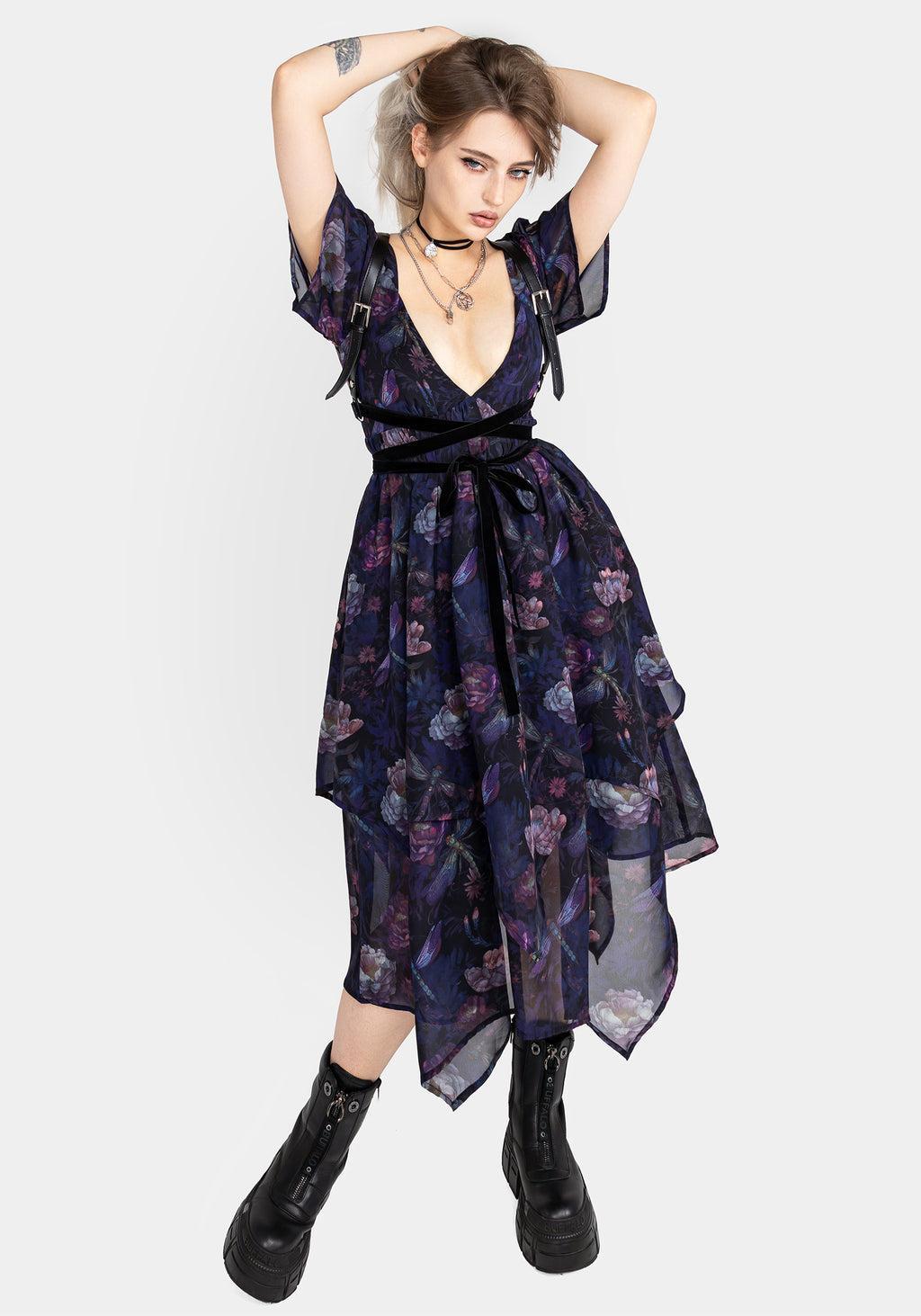 Dragonfly Floral Print Chiffon Handkerchief Hem Dress Product Image