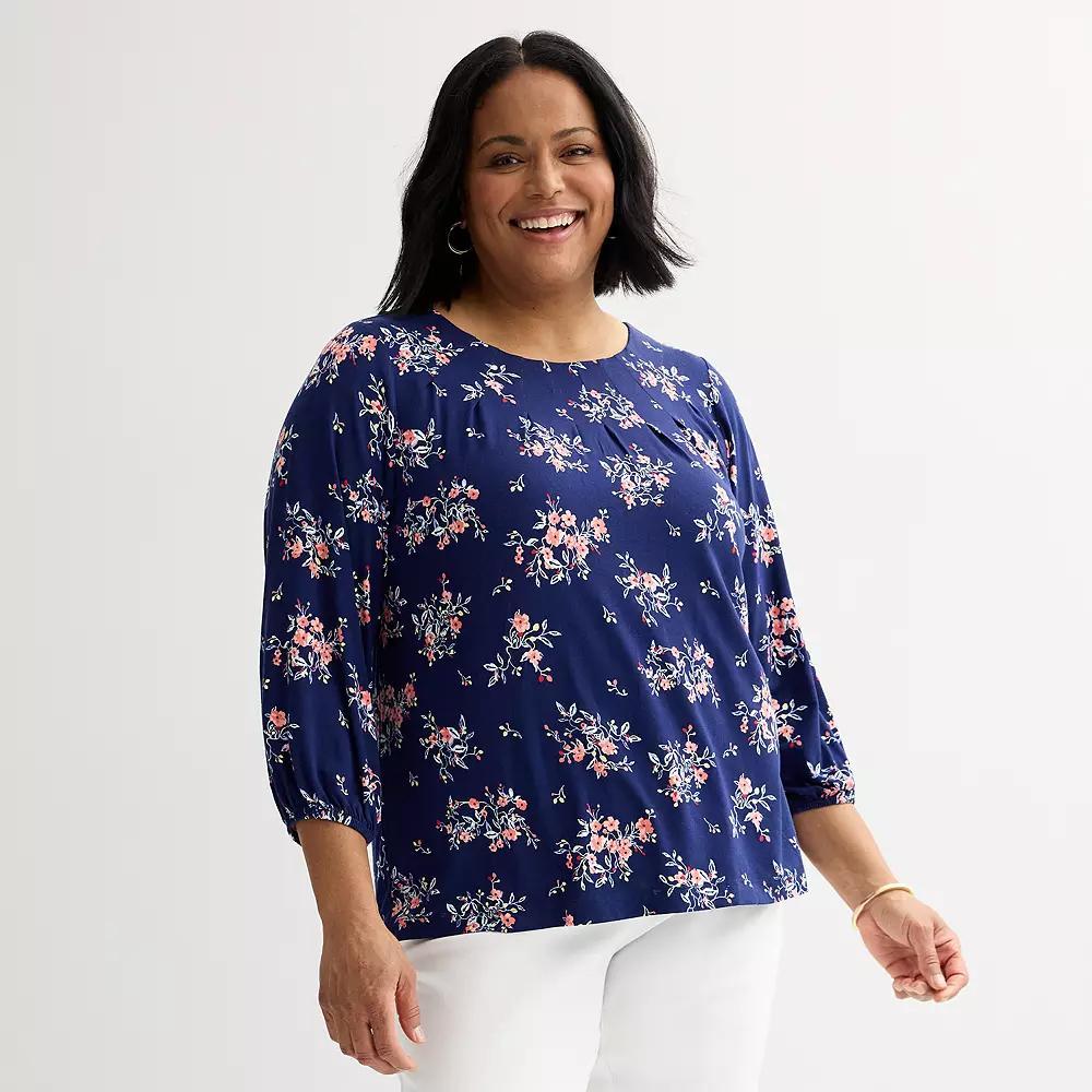 Plus Size Croft & Barrow® 3/4-Sleeve Pleated Top, Women's, Size: 4XL, Navy Pink Floral Product Image