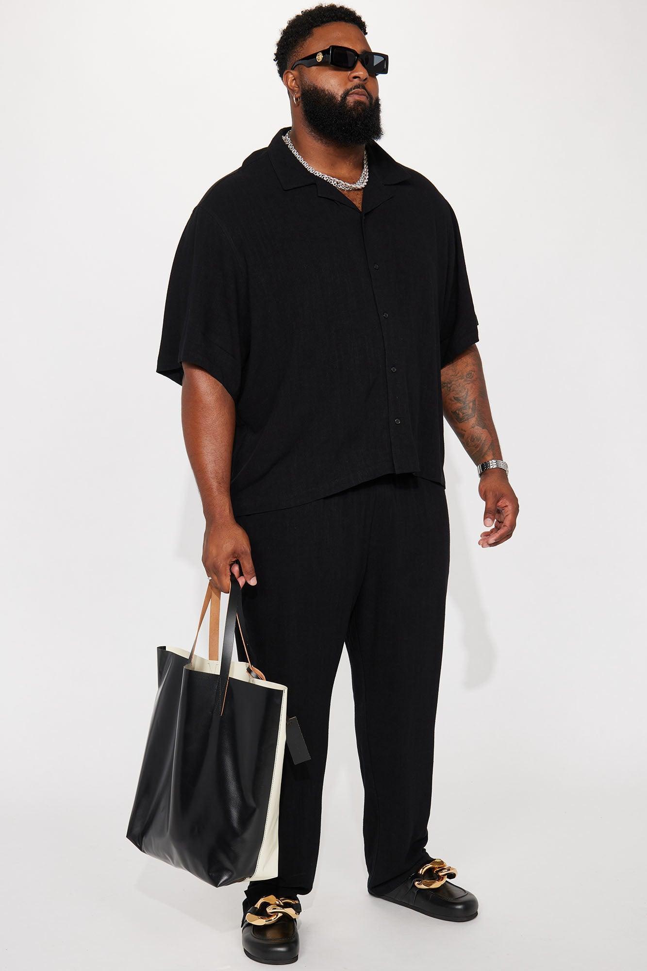 Solid Textured Linen Button Up Shirt - Black Product Image