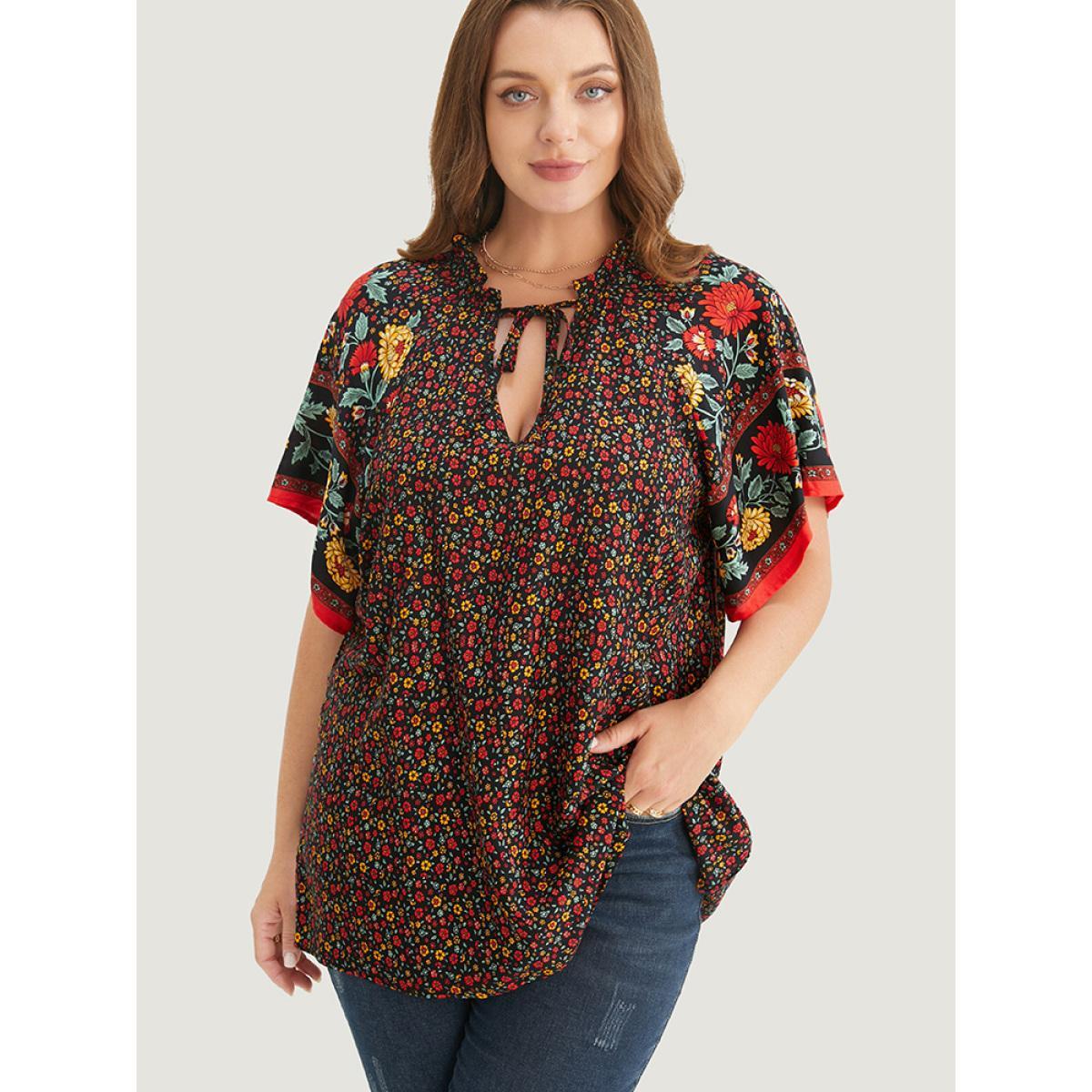 Plus Size Black Ditsy Floral Tie Neck Ruffles Raglan Sleeve Blouse Women Vacation Short sleeve V-neck Dailywear Blouses BloomChic 14-16/1X Product Image