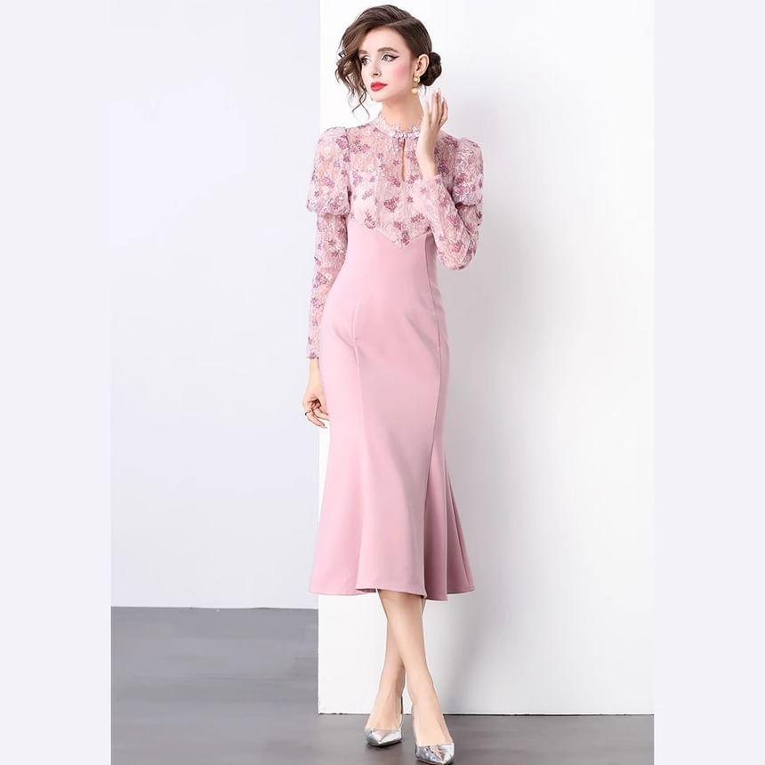 Long Sleeve Mock Neck Floral Patterned Keyhole Panel Lace Midi Mermaid Dress Product Image