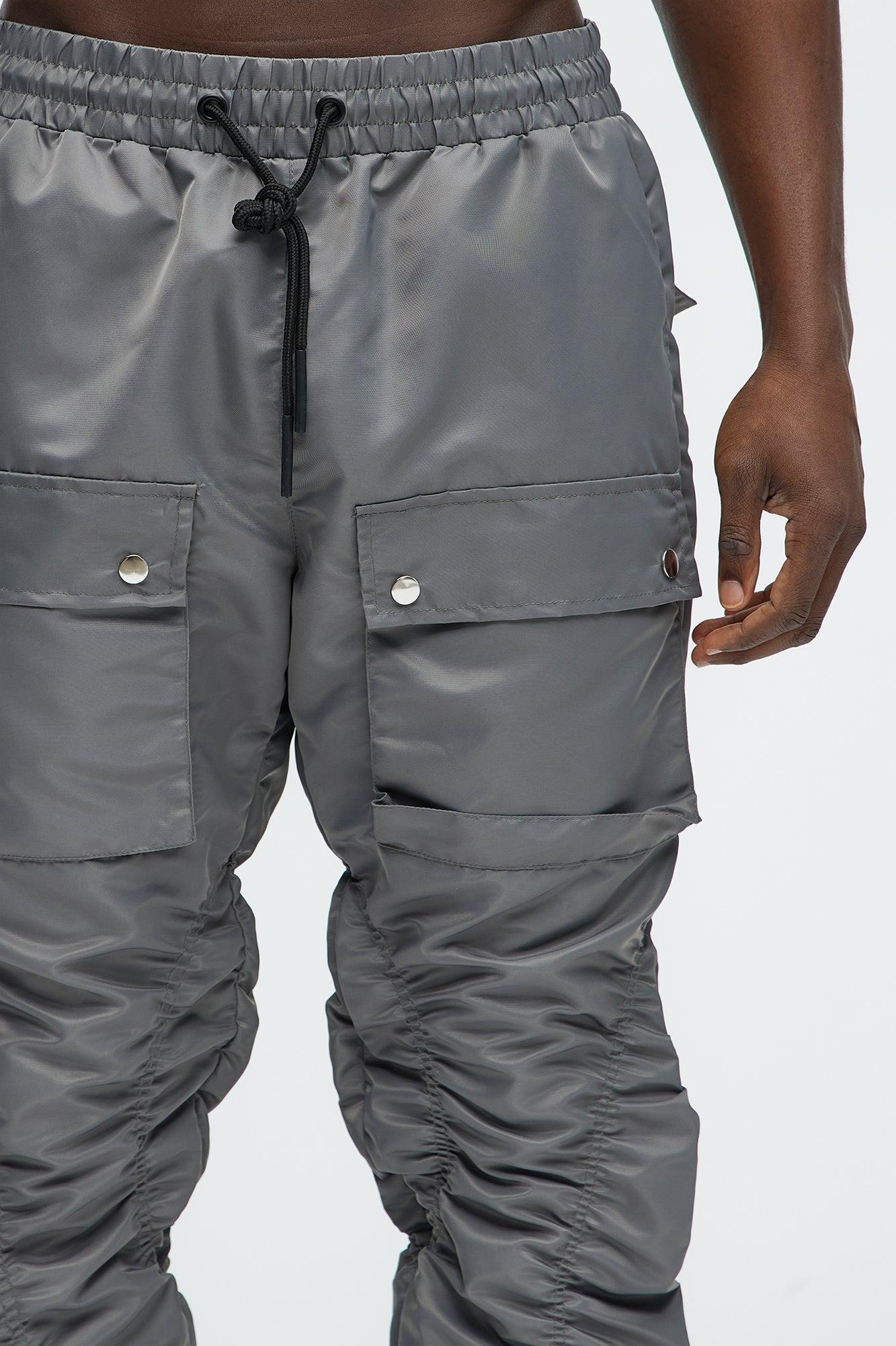 Scrunched Flared Nylon Cargo Pants - Charcoal Product Image