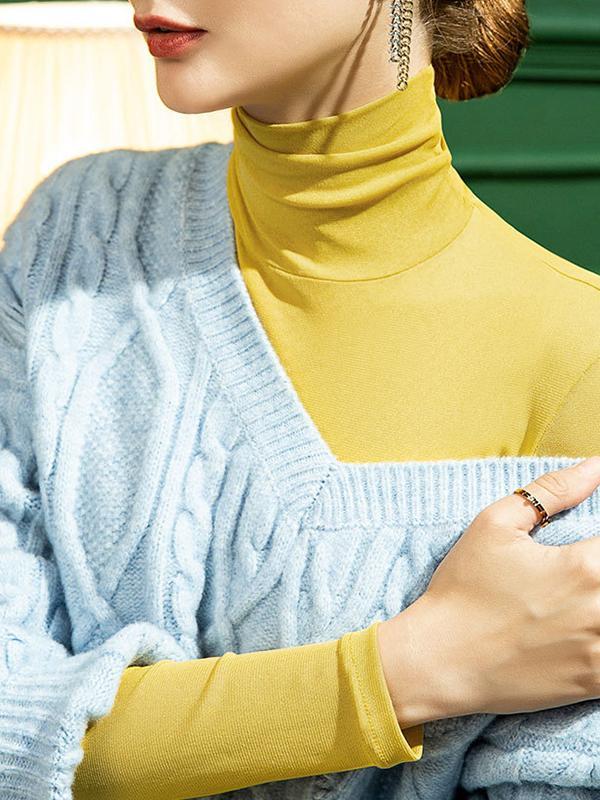 Long Sleeves Plus Size See-Through Solid Color Split-Joint High Neck T-Shirts Product Image