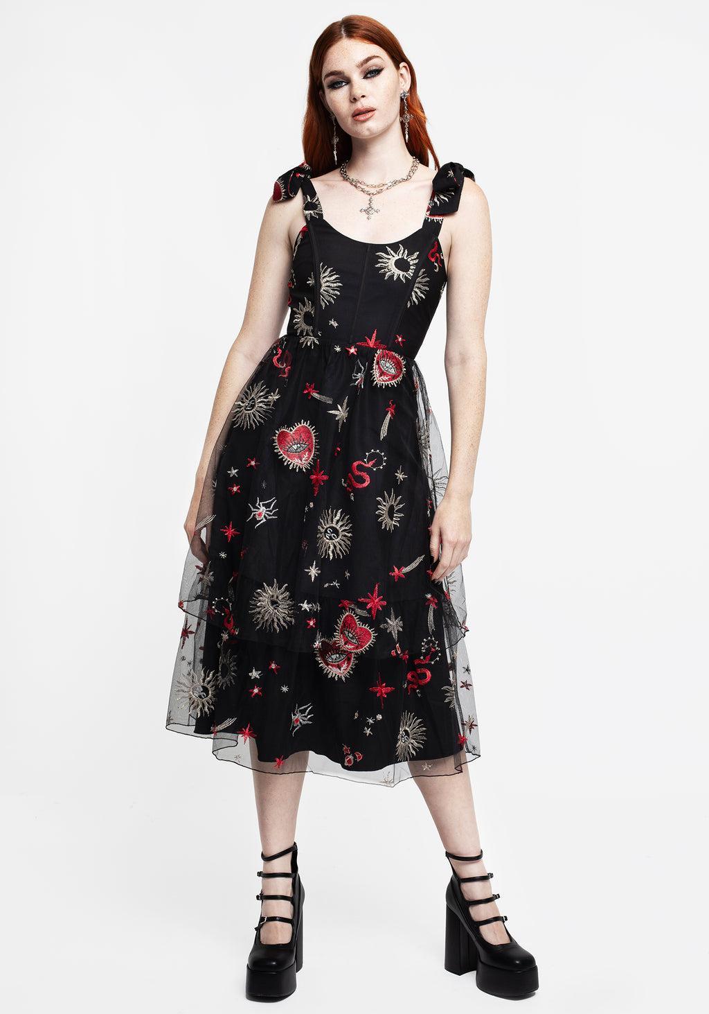 Bloodlust Embroidered Corset Midi Dress Product Image