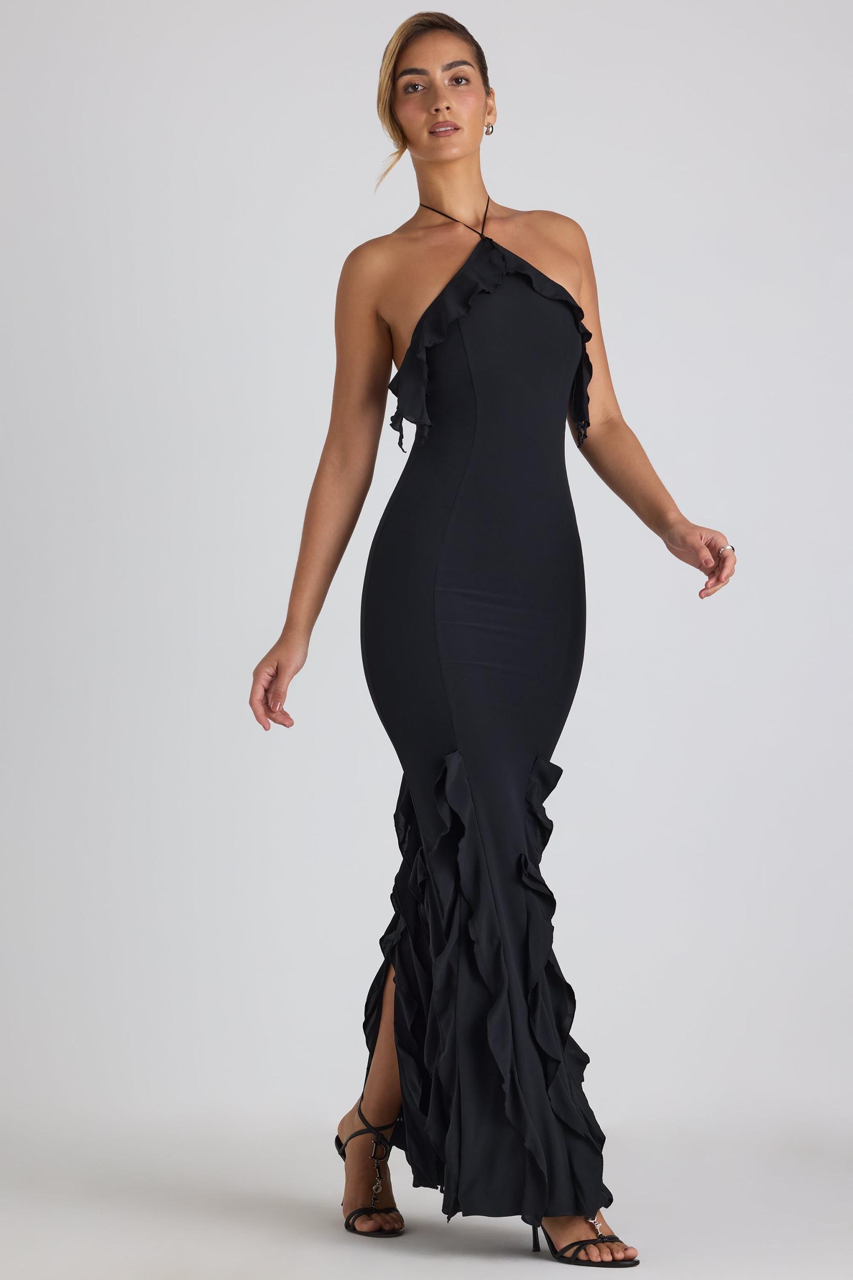 Ruffle-Trim Halterneck Gown in Black Product Image
