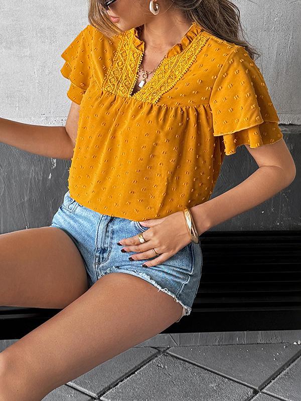 Loose Ruffle Sleeves Jacquard Pleated Solid Color V-Neck Blouses&Shirts Tops Product Image