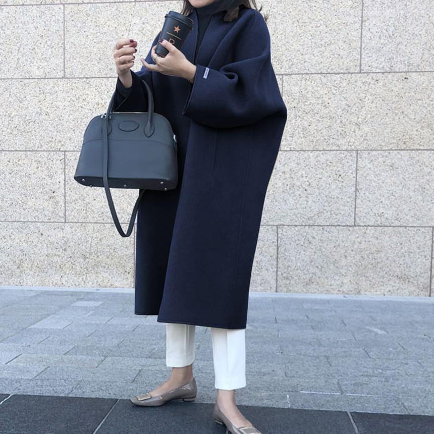 Collarless Plain Open Front Long Coat Product Image