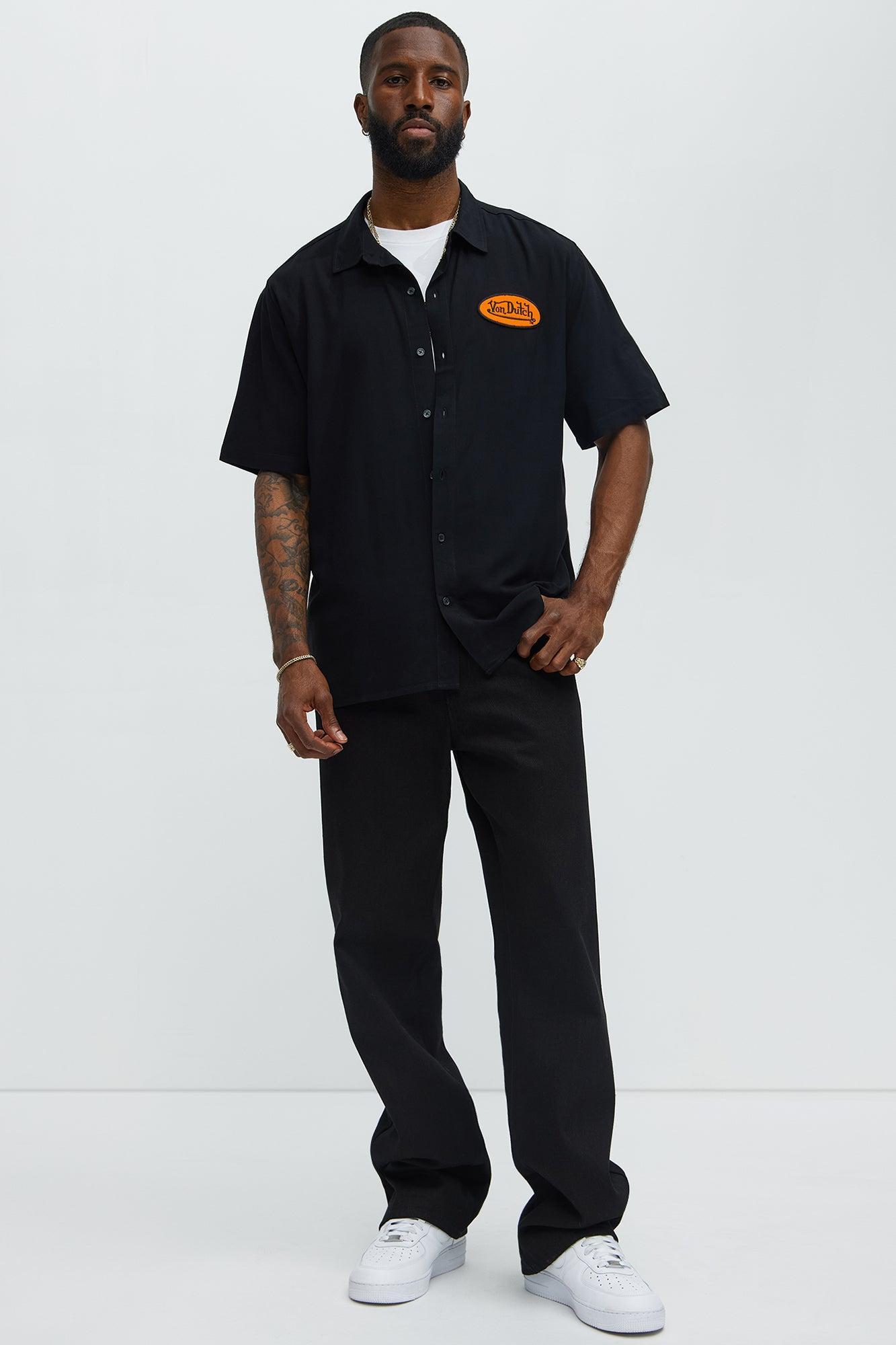 Von Dutch Front And Back Graphic Short Sleeve Button Up Shirt - Black Male Product Image