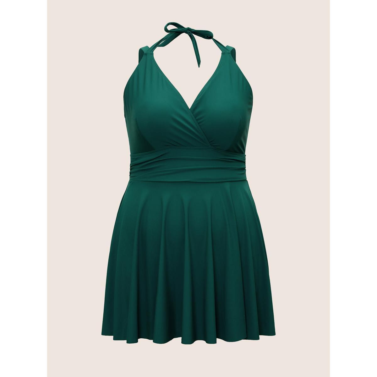 Plus Size Solid Ruffle Hem Empire Waist Halter Neck Swim Dress Women's Swimwear DarkGreen Resort Bodycon Halter neck High stretch Curve Swim Dresses BloomChic 22-24/3X Product Image