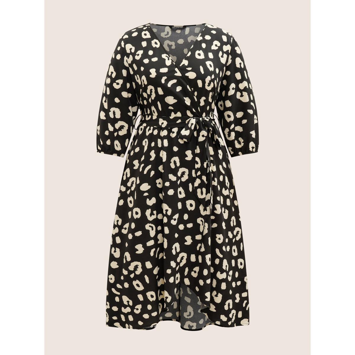 Plus Size Leopard Overlap Collar Elastic Waist Belted Dress Black Women At the Office Non Overlap Collar Elbow-length sleeve Curvy Midi Dress BloomChic 14-16/1X Product Image