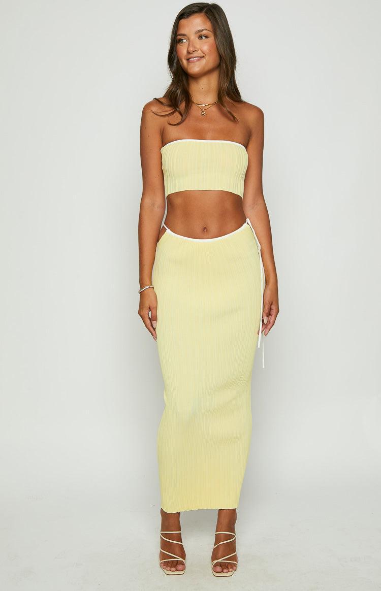 Pia Yellow Contrast Bind Knit Midi Skirt Product Image