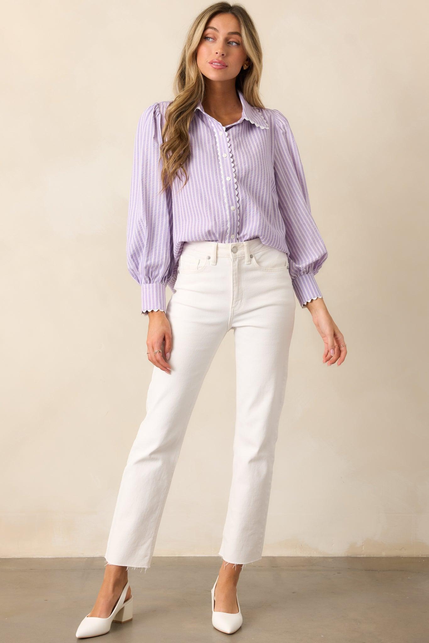 In the Quiet Shade Lavender Button Front Blouse Product Image