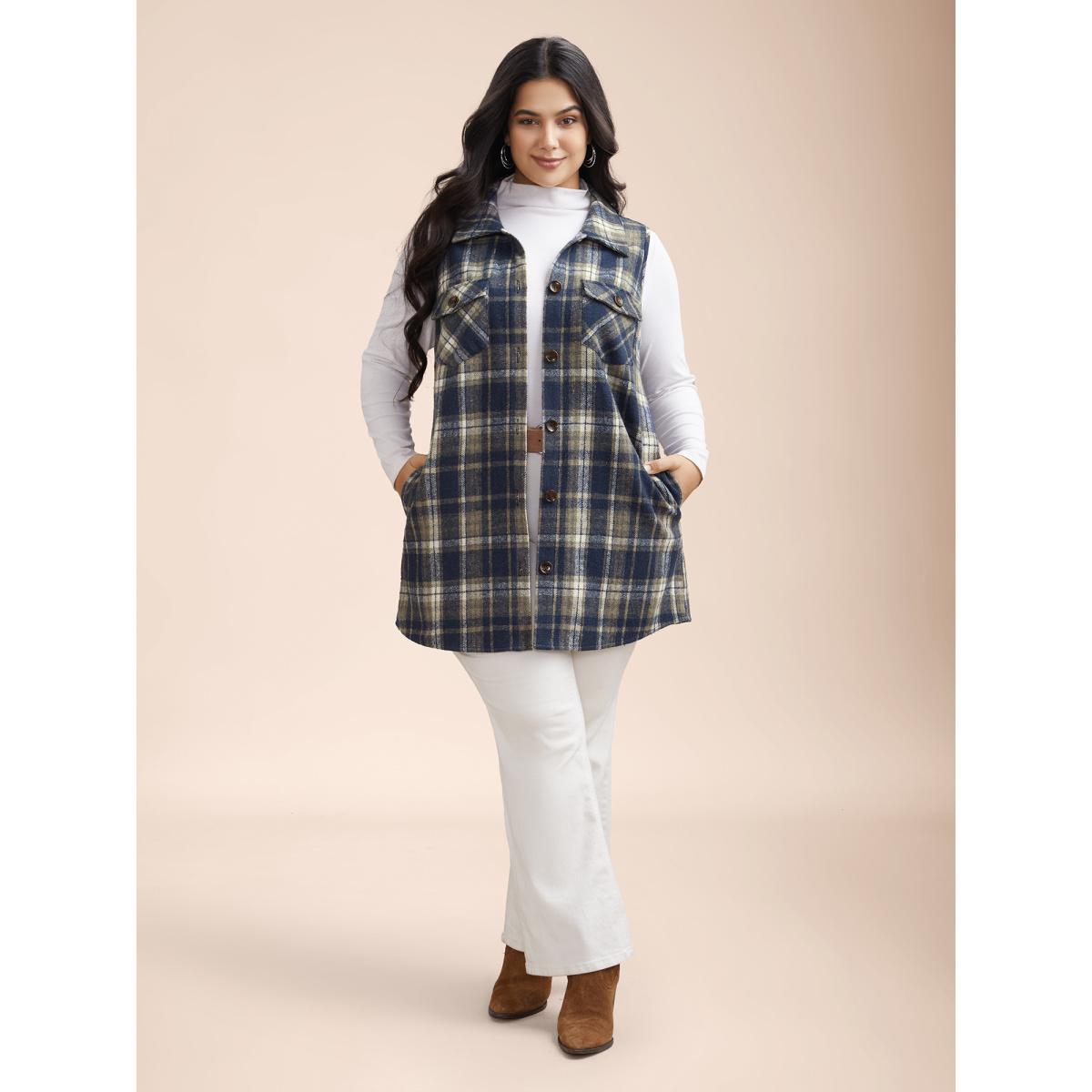 Plus Size Plaid Flap Detail Sleeveless Jacket Women Indigo Button Side seam pocket Everyday Jackets BloomChic 26/4X Product Image