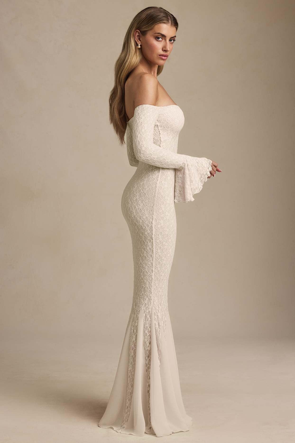 Off-Shoulder Ruffle Lace Maxi Dress in Ivory Product Image