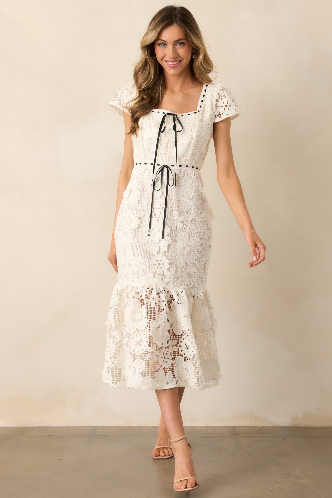 Made You Look Ivory Floral Embroidered Midi Dress Product Image