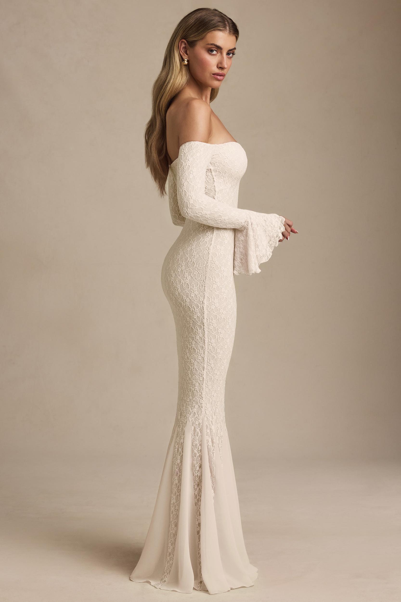 Off-Shoulder Ruffle Lace Maxi Dress in Ivory Product Image