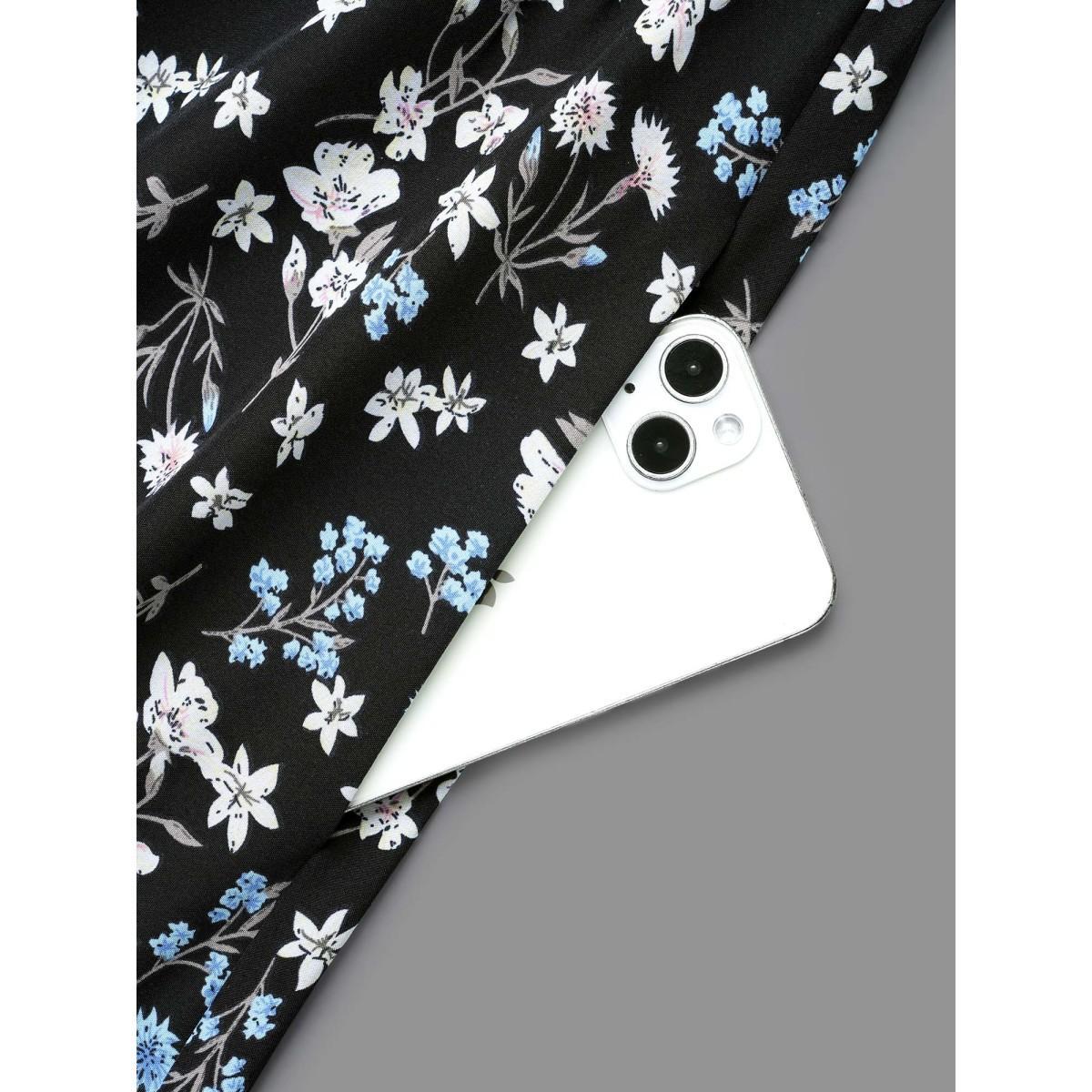 Plus Size Floral Print Stretchy-Waist Pockets Midi Dress BlackFlower Women Elegant Non V-neck Elbow-length sleeve Curvy BloomChic 10/M Product Image