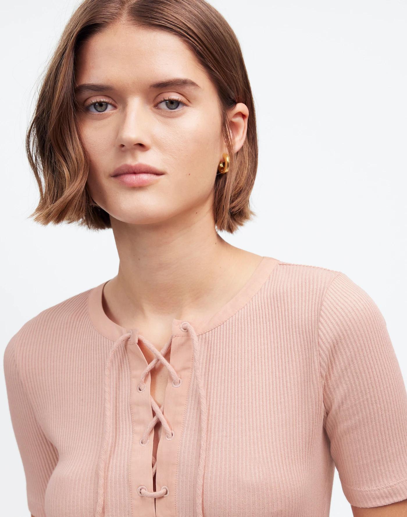 Ribbed Lace-Up Short-Sleeve Tee Product Image