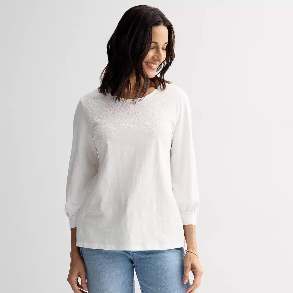 Womens Croft & Barrow Floral Embroidery Long Sleeve Top Product Image