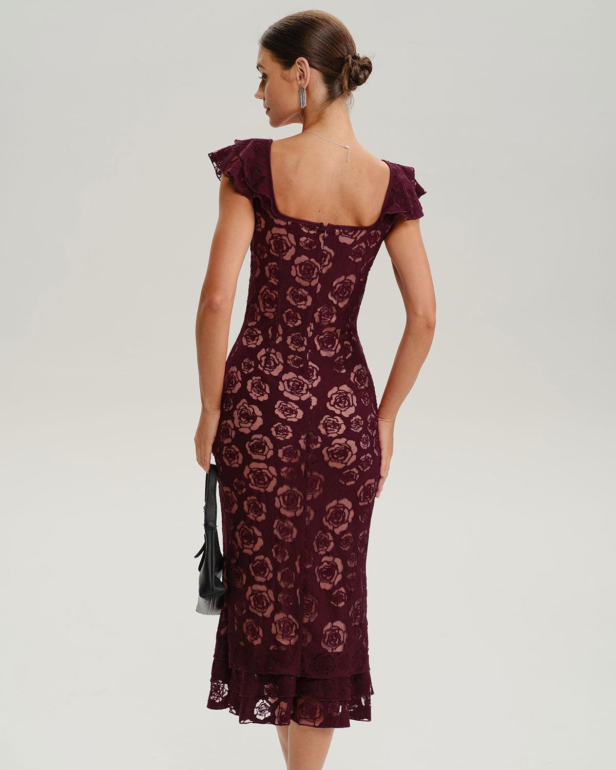 Wine Red Floral Mermaid Midi Dress Product Image