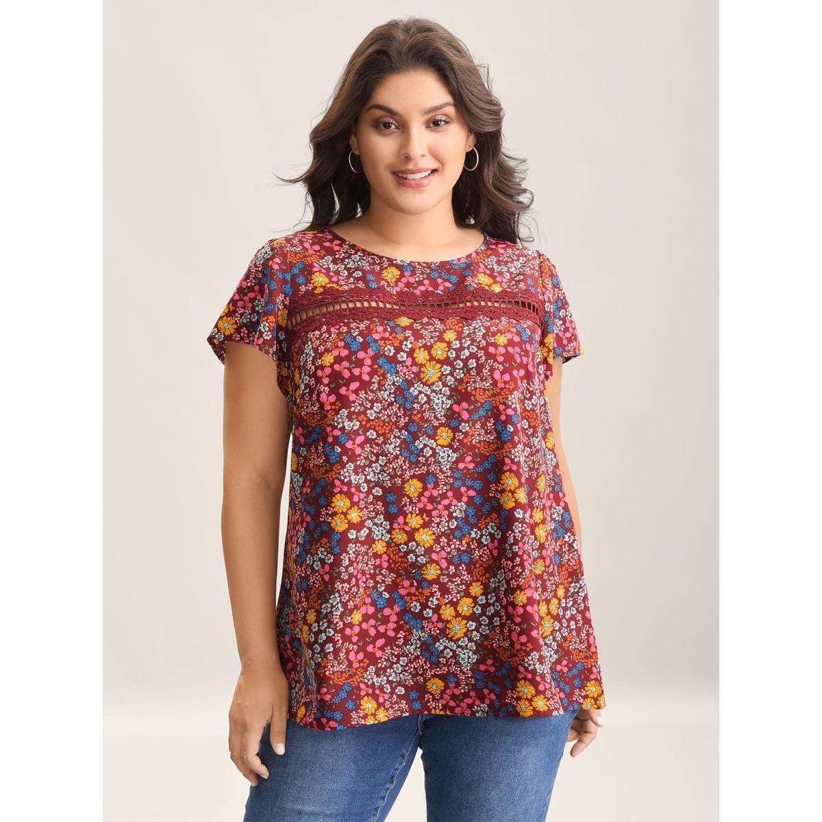Plus Size Burgundy Multi-Color Floral Print Lace Spliced Blouse Women Timeless Cap Sleeve Round Neck Elegant Blouses BloomChic 12/L Product Image