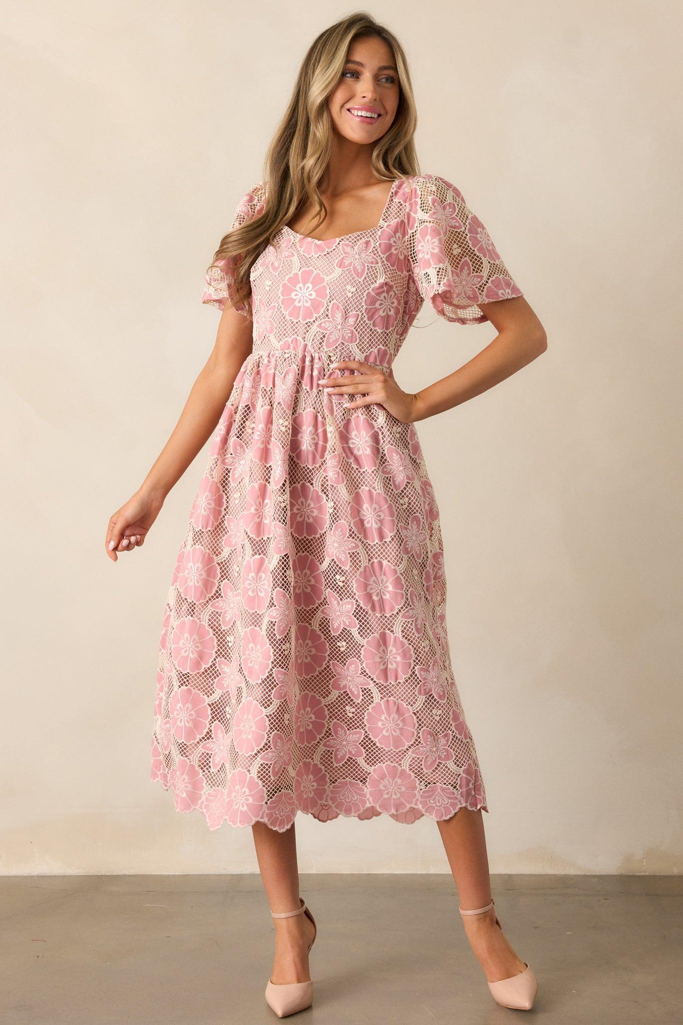 The Sweetest Rose Pink Embroidered Floral Midi Dress Product Image