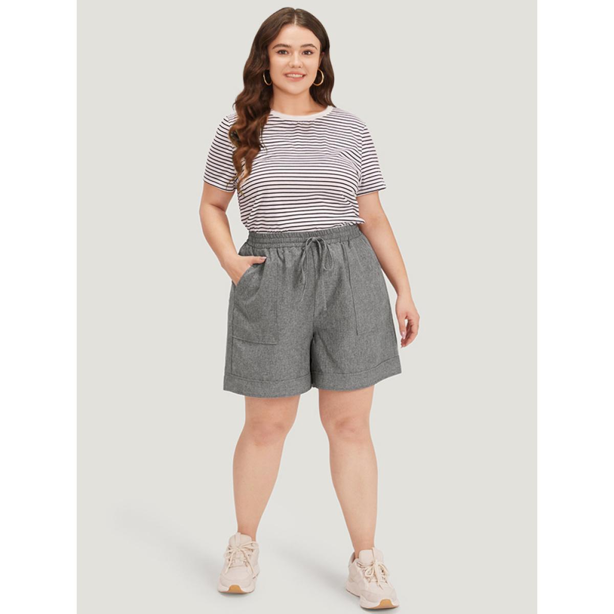 Plus Size Plain Slant Pocker Drawstring Elastic Waist Shorts Women DimGray Casual Plain Dailywear Shorts BloomChic 30/6X Product Image