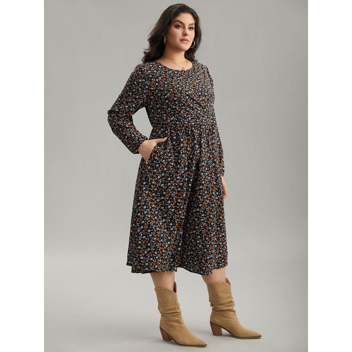 Plus Size Ditsy Floral Pocket Lantern Sleeve Knee Dress Black Women Elegant Elastic cuffs Round Neck Long Sleeve Curvy Midi Dress BloomChic 14-16/1X Product Image