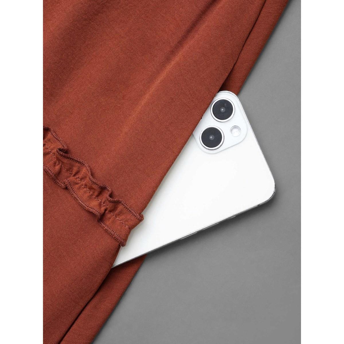 Plus Size Plain Frill Trim Ruffle Layered Hem Dress Russet Women Resort Gathered V-neck Long Sleeve Curvy BloomChic 28/5X Product Image