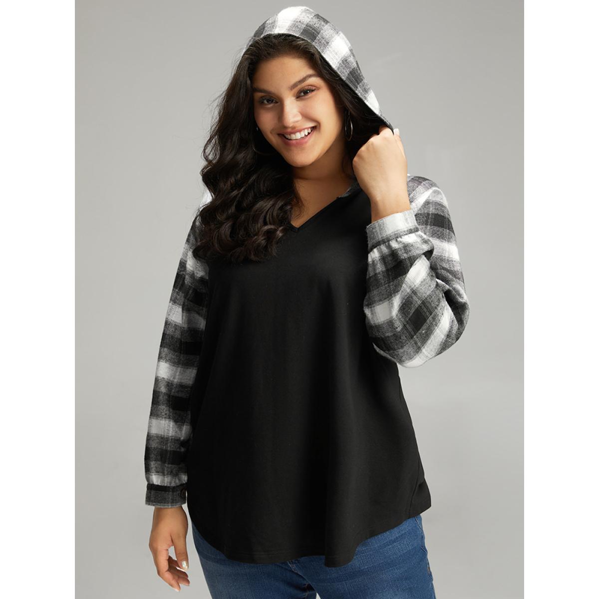 Plus Size Plaid Print Hooded Patchwork Sweatshirt Women Black Casual Patchwork Hooded Everyday Sweatshirts BloomChic 28/5X Product Image