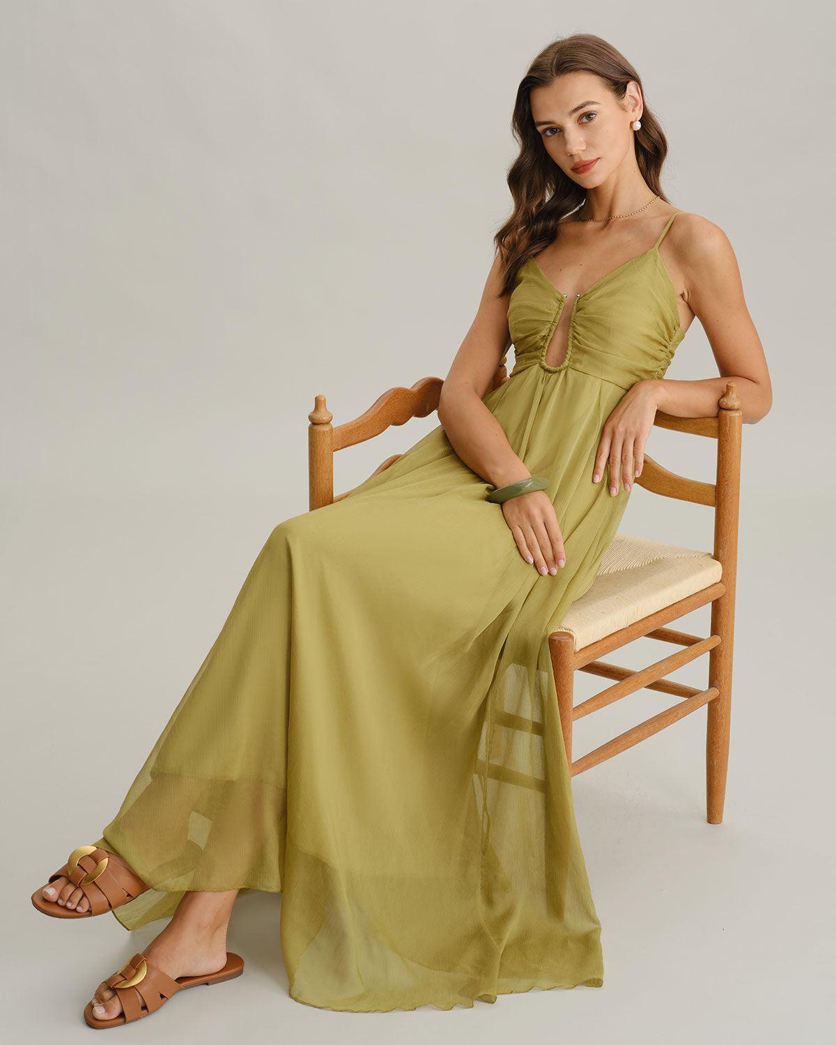 Green Flowy Slip Maxi Dress Product Image