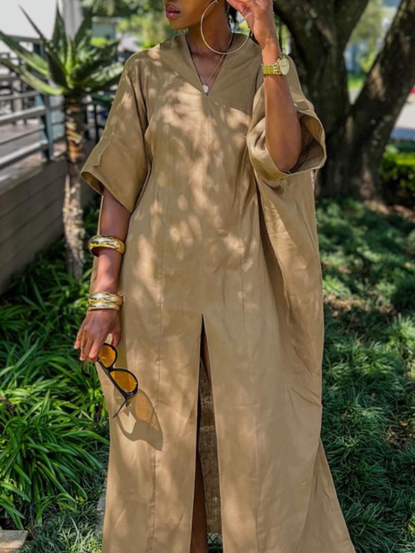 Loose Short Sleeves Solid Color Split-Front V-Neck Maxi Dresses Product Image